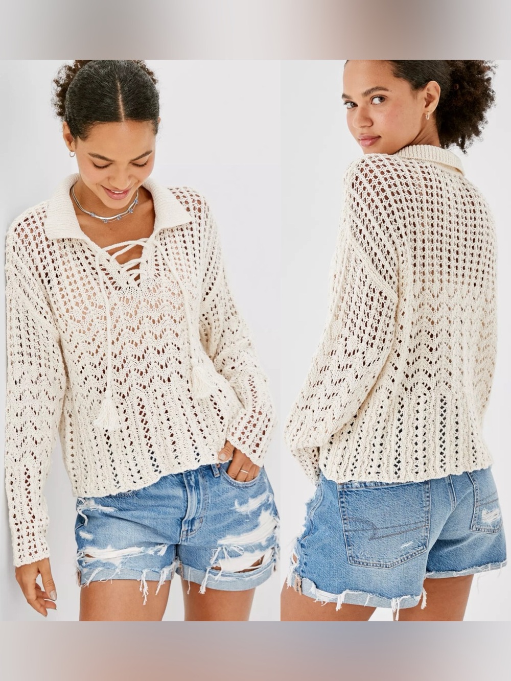 American Eagle Women's
Size SMALL Crochet Polo Sweater Boho Tassel Tie Open Knit
